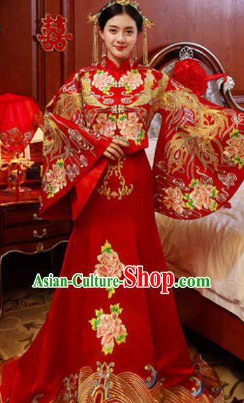 Traditional Chinese Embroidered Phoenix Peony Wedding Dress Ancient Bride Red Xiu He Costume for Women