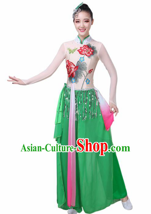 Chinese Traditional Lotus Dance Costume Classical Dance Group Dance Green Dress for Women