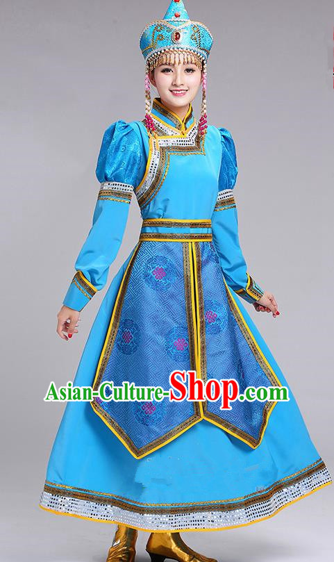 Chinese Traditional Mongolian Princess Folk Dance Blue Dress Mongol Nationality Ethnic Costume for Women