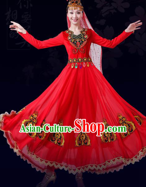 Chinese Traditional Uigurian Ethnic Folk Dance Costume Uyghur Nationality Dance Red Dress for Women