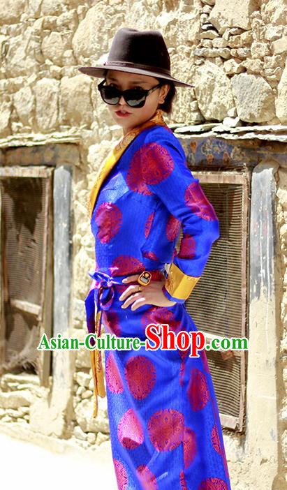 Chinese Traditional Tibetan Folk Dance Blue Dress Zang Nationality Ethnic Costume for Women