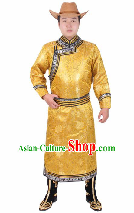 Chinese Traditional Mongol Ethnic Costume Nationality Golden Brocade Mongolian Robe for Men