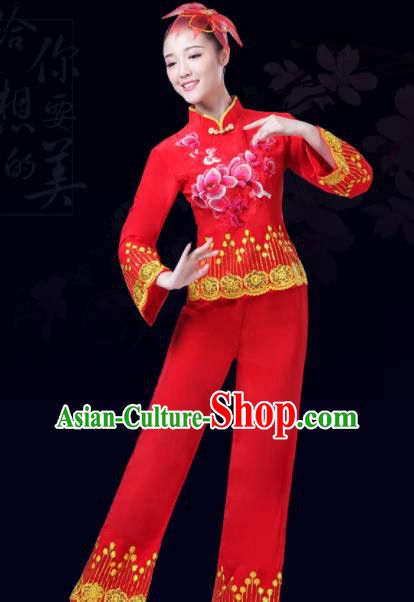 Chinese Traditional Stage Performance Fan Dance Costume Folk Dance Yangko Dance Red Dress for Women