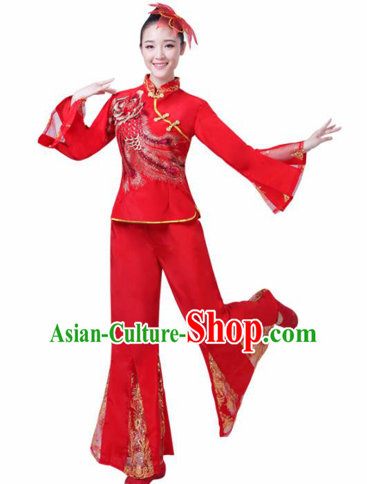 Chinese Traditional Stage Performance Fan Dance Red Costume Folk Dance Yangko Dance Dress for Women