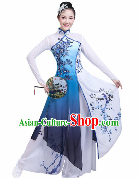 Chinese Traditional Umbrella Dance Blue Costume Classical Dance Group Dance Dress for Women