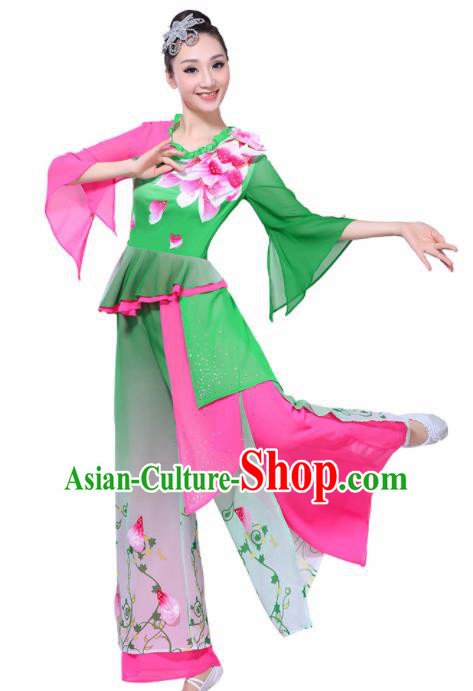 Chinese Traditional Fan Dance Stage Performance Green Costume Folk Dance Yangko Dance Dress for Women