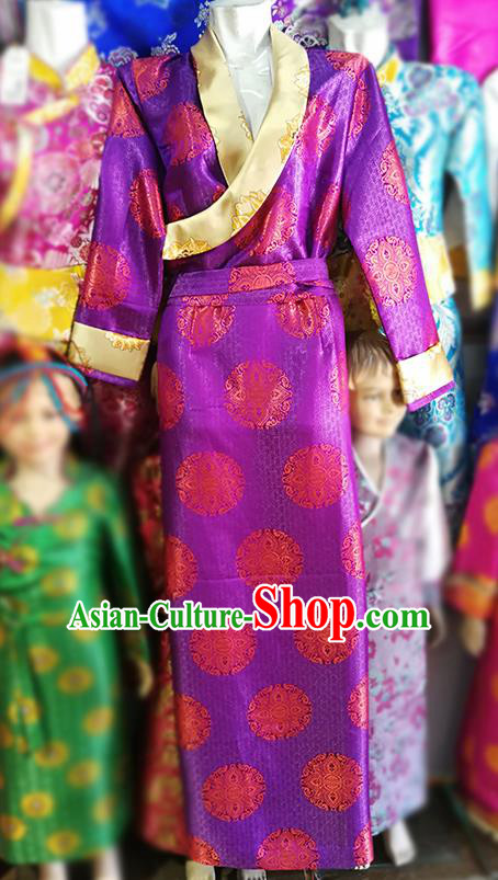 Chinese Traditional Tibetan Folk Dance Purple Dress Zang Nationality Ethnic Costume for Women