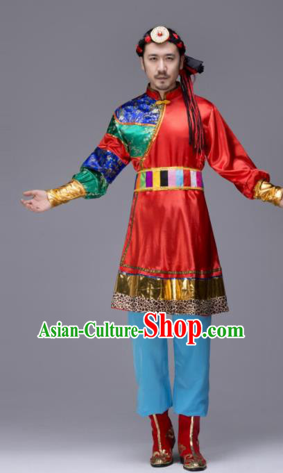 Chinese Traditional Tibetan Ethnic Folk Dance Costume Zang Nationality Dance Red Clothing for Men