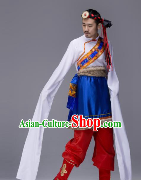 Chinese Traditional Tibetan Ethnic Water Sleeve Costume Zang Nationality Folk Dance Clothing for Men