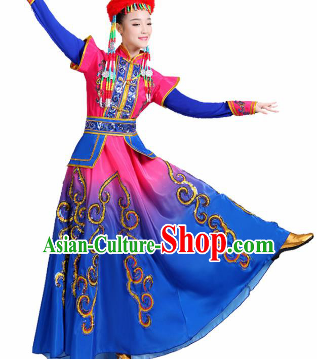 Chinese Traditional Mongolion Ethnic Folk Dance Costume Mongol Nationality Dance Blue Dress for Women