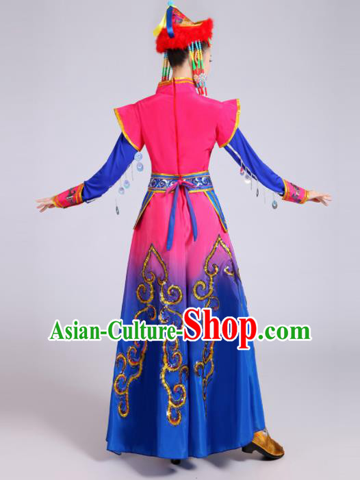 Chinese Traditional Mongolion Ethnic Folk Dance Costume Mongol Nationality Dance Blue Dress for Women