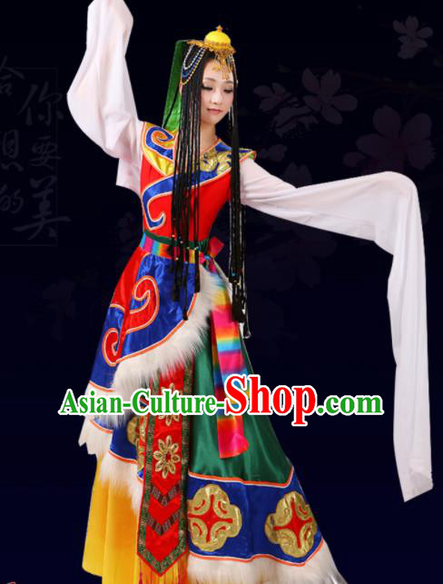 Chinese Traditional Tibetan Ethnic Folk Dance Costume Zang Nationality Dance Dress for Women