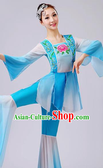 Chinese Traditional Fan Dance Blue Costume Folk Dance Stage Performance Yangko Dance Dress for Women