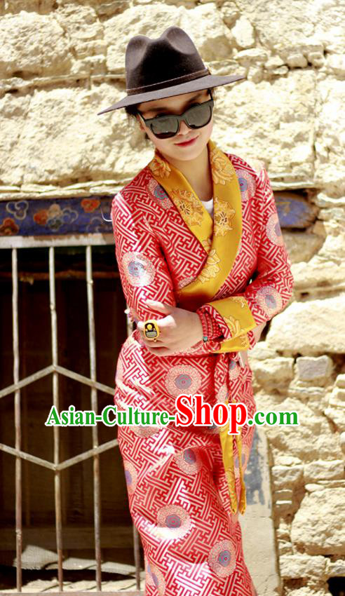 Chinese Traditional Tibetan Heishui Dance Red Dress Zang Nationality Ethnic Costume for Women