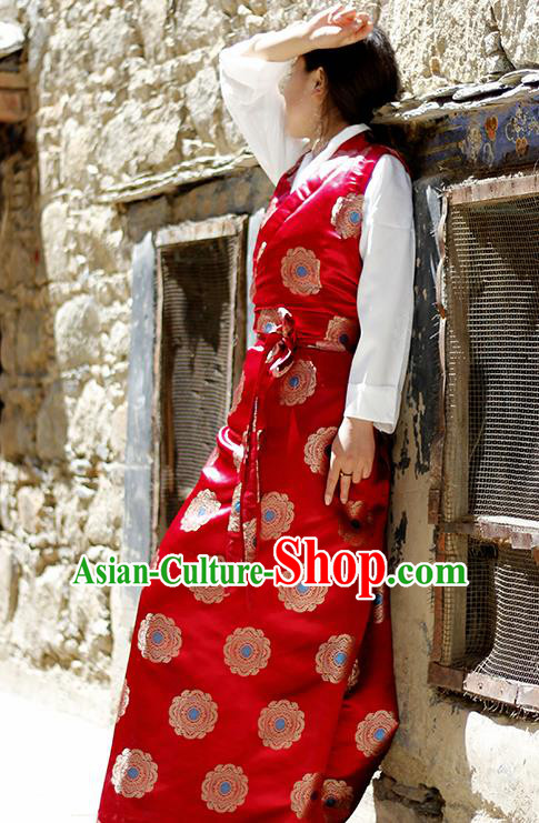 Chinese Traditional Tibetan Red Dress Zang Nationality Heishui Dance Ethnic Costume for Women