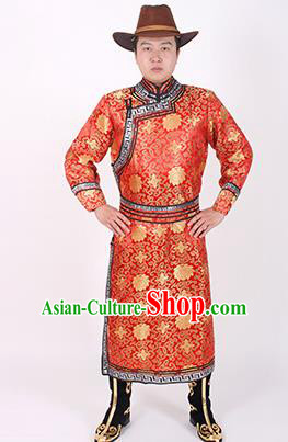 Chinese Traditional Mongol Ethnic Costume Nationality Red Brocade Mongolian Robe for Men