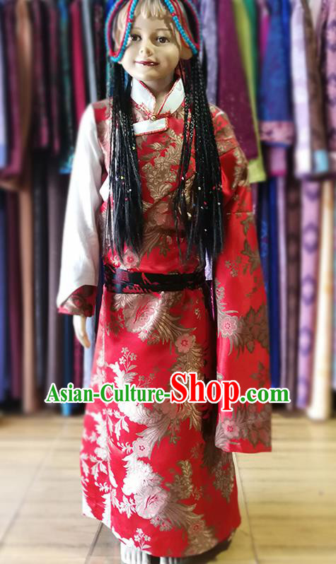 Chinese Traditional Tibetan Kham Red Dress Zang Nationality Heishui Dance Ethnic Costume for Kids