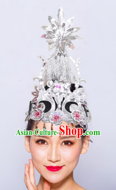 Chinese Traditional Folk Dance Hair Accessories Stage Performance Yangko Dance Argent Flowers Headwear for Women