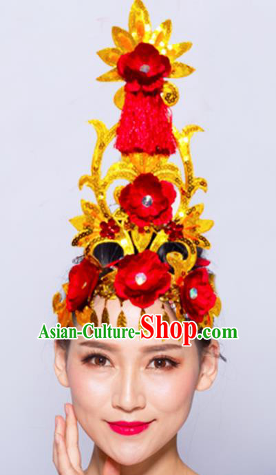 Chinese Traditional Folk Dance Hair Accessories Stage Performance Yangko Dance Red Flowers Headwear for Women