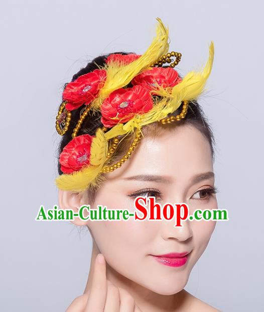 Chinese Traditional Folk Dance Hair Accessories Stage Performance Yangko Dance Yellow Feather Hair Stick for Women