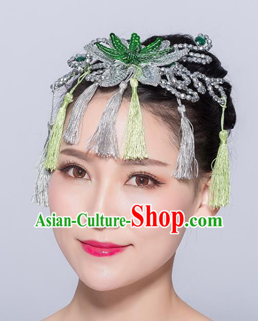 Chinese Traditional Yangko Dance Green Flower Tassel Hair Stick National Folk Dance Hair Accessories for Women