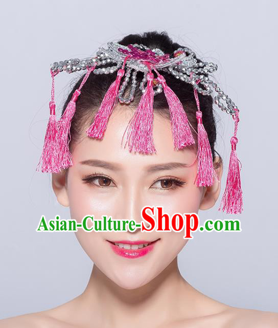 Chinese Traditional Yangko Dance Pink Flower Tassel Hair Stick National Folk Dance Hair Accessories for Women
