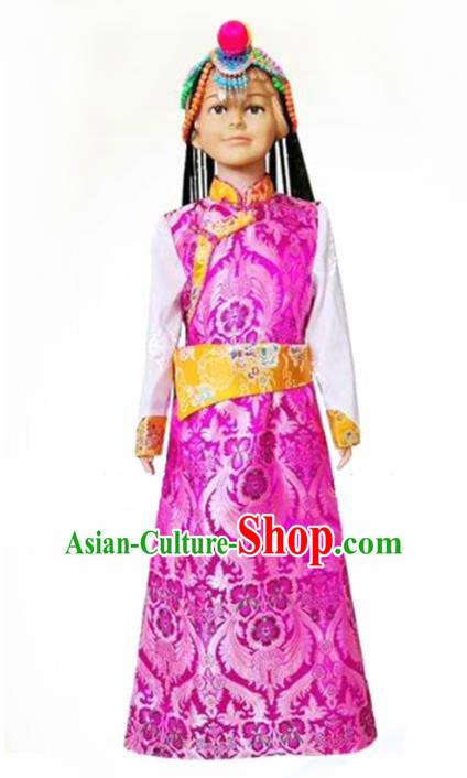 Chinese Traditional Tibetan Girls Kham Rosy Dress Zang Nationality Heishui Dance Ethnic Costumes for Kids