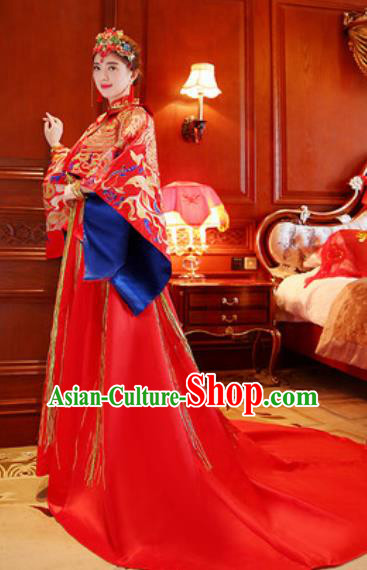 Traditional Chinese Embroidered Phoenix Trailing Wedding Dress Ancient Bride Red Xiu He Costume for Women