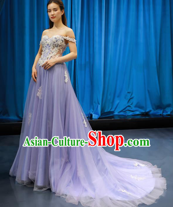 Top Grade Wedding Dress Compere Full Dress Princess Embroidered Purple Veil Costume for Women