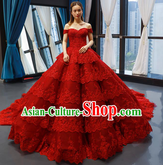 Top Grade Compere Red Lace Full Dress Princess Embroidered Wedding Dress Costume for Women