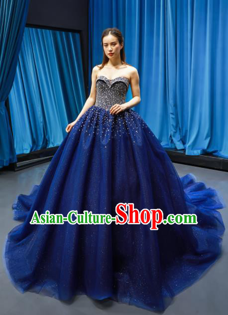 Top Grade Compere Royalblue Veil Full Dress Princess Embroidered Wedding Dress Costume for Women