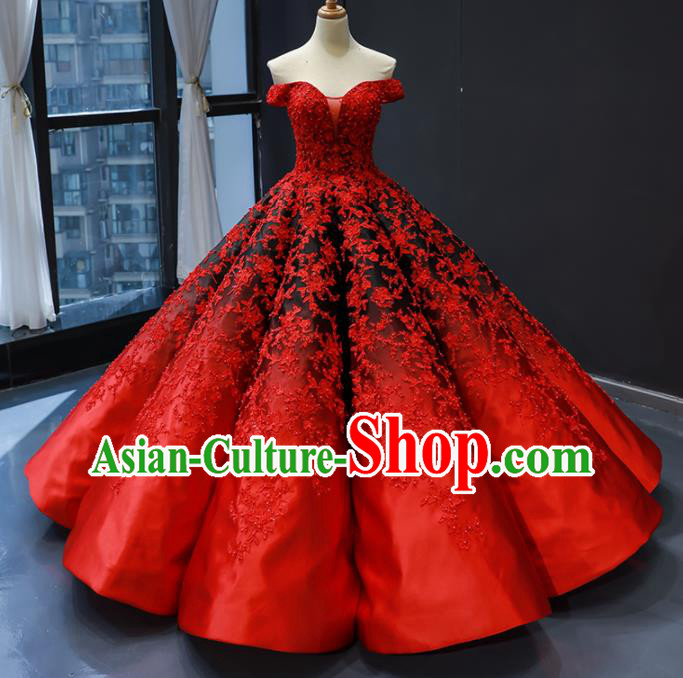 Top Grade Compere Red Full Dress Princess Embroidered Wedding Dress Costume for Women