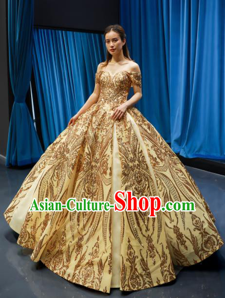 Top Grade Compere Golden Full Dress Princess Embroidered Wedding Dress Costume for Women