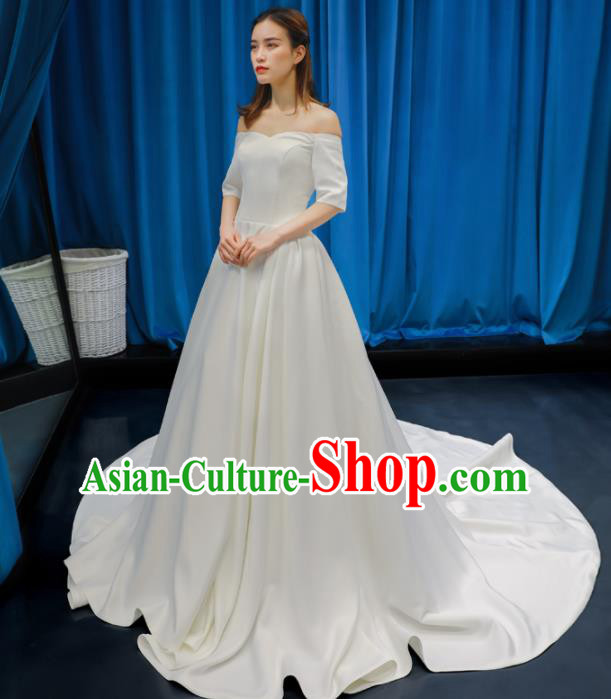 Top Grade Flat Shouders Wedding Dress Bride Full Dress Princess Costume White Satin Gown for Women