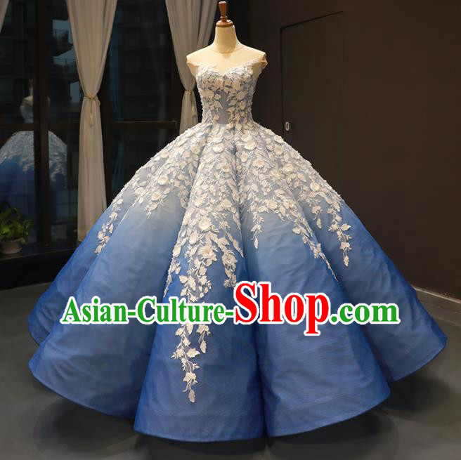 Top Grade Compere Blue Bubble Full Dress Princess Wedding Dress Costume for Women