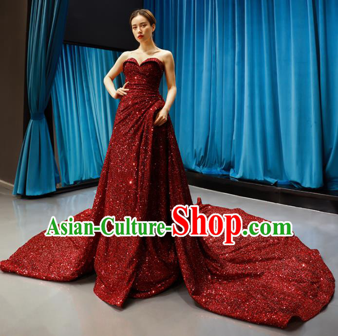 Top Grade Compere Strapless Full Dress Princess Red Paillette Trailing Wedding Dress Costume for Women