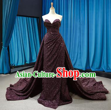 Top Grade Compere Strapless Full Dress Princess Purple Paillette Trailing Wedding Dress Costume for Women