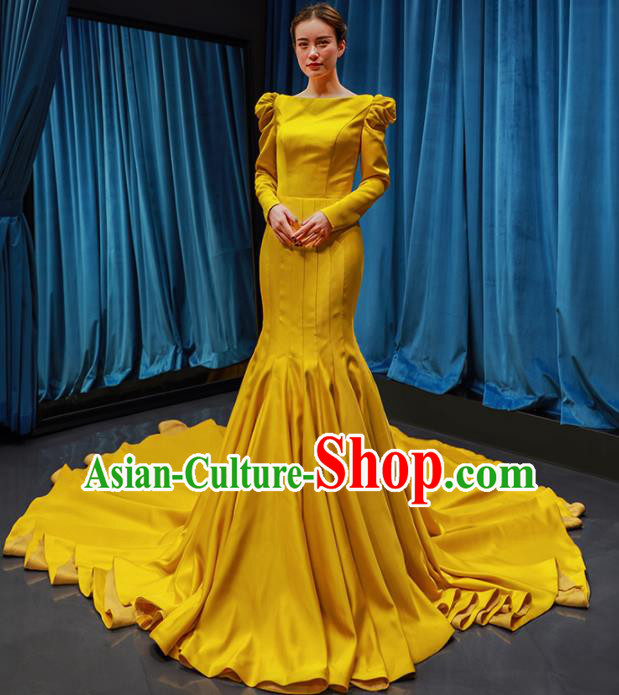 Top Grade Compere Yellow Trailing Full Dress Princess Wedding Dress Costume for Women