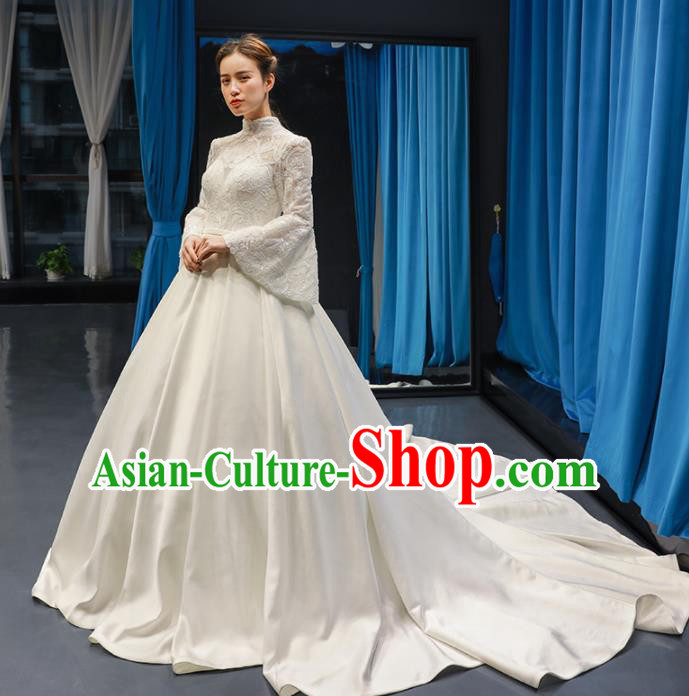 Top Grade Wedding Gown Bride Trailing Full Dress Princess Costume White Lace Dress for Women