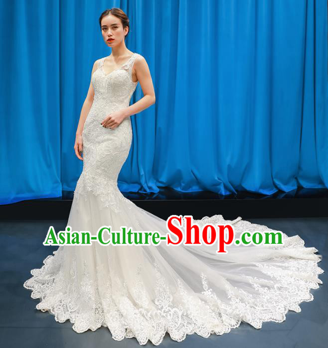 Top Grade Wedding Gown Bride Costume White Lace Trailing Full Dress Princess Dress for Women