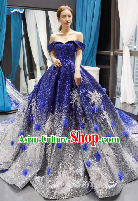 Top Grade Compere Royalblue Trailing Full Dress Princess Bubble Wedding Dress Costume for Women