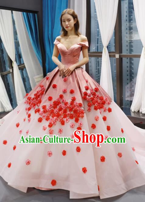 Top Grade Compere Pink Veil Trailing Full Dress Princess Bubble Wedding Dress Costume for Women