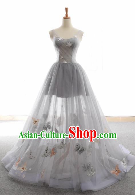 Top Grade Compere Butterfly Full Dress Princess Grey Veil Wedding Dress Costume for Women