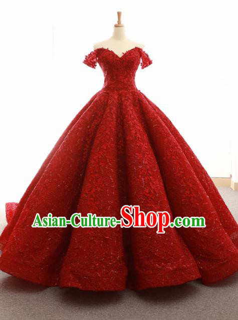 Top Grade Compere Trailing Full Dress Princess Red Wedding Dress Costume for Women