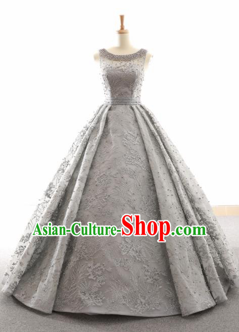 Top Grade Compere Grey Full Dress Princess Embroidered Wedding Dress Costume for Women