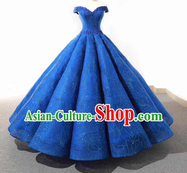 Top Grade Compere Blue Bubble Full Dress Princess Embroidered Wedding Dress Costume for Women