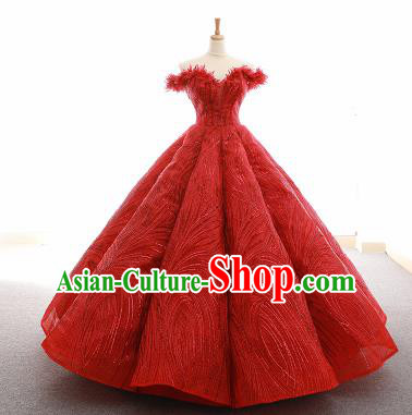 Top Grade Compere Red Veil Bubble Full Dress Princess Embroidered Wedding Dress Costume for Women