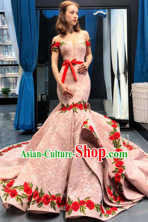 Top Grade Compere Trailing Full Dress Princess Pink Fishtail Wedding Dress Costume for Women