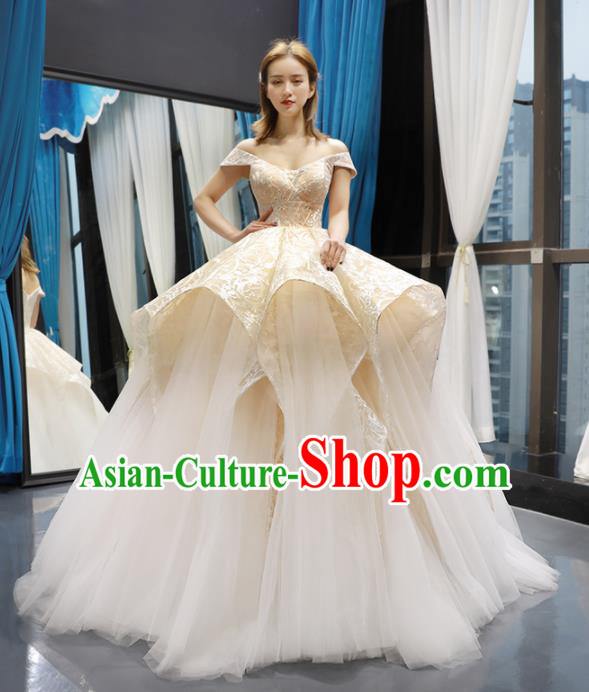 Top Grade Champagne Wedding Gown Bride Costume Veil Trailing Full Dress Princess Dress for Women