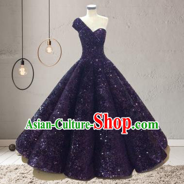 Top Grade Compere Purple Veil Paillette Full Dress Princess Embroidered Wedding Dress Costume for Women